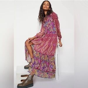 Anthropologie Pink and Purple Paisley Maxi Dress
